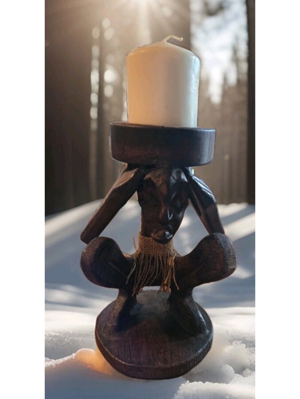 Wooden Hand Carved Primitive Tribal Statue Bar Figure,Candle holder & Candle8.5"